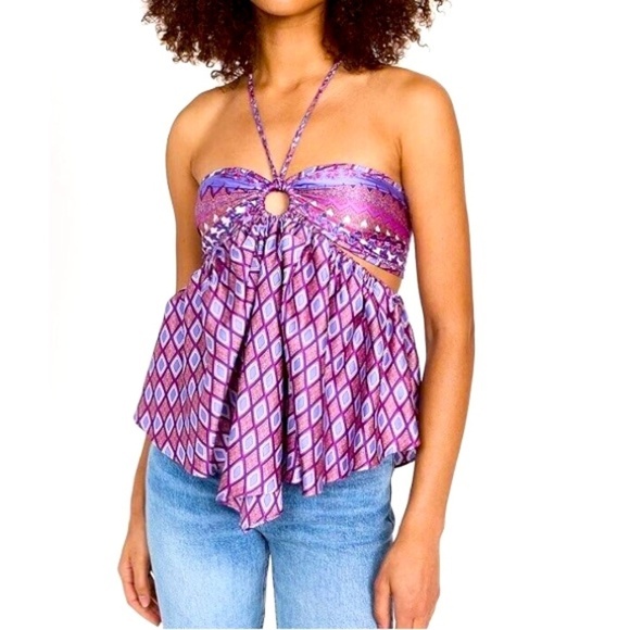 Misa NWT Women's Violeta Geometric-print Halter Top in Violet Sz L - Picture 1 of 10